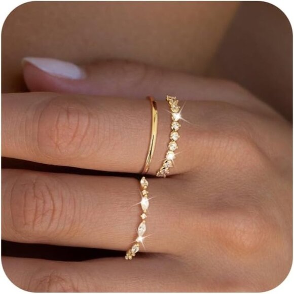 Dainty 3Pcs Stackable Thin Ring Non Tarnish - Trendy 14K Gold Plated CZ Rings Se - Picture 1 of 9